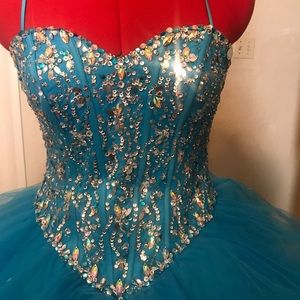 Blue and green quinceañera dress